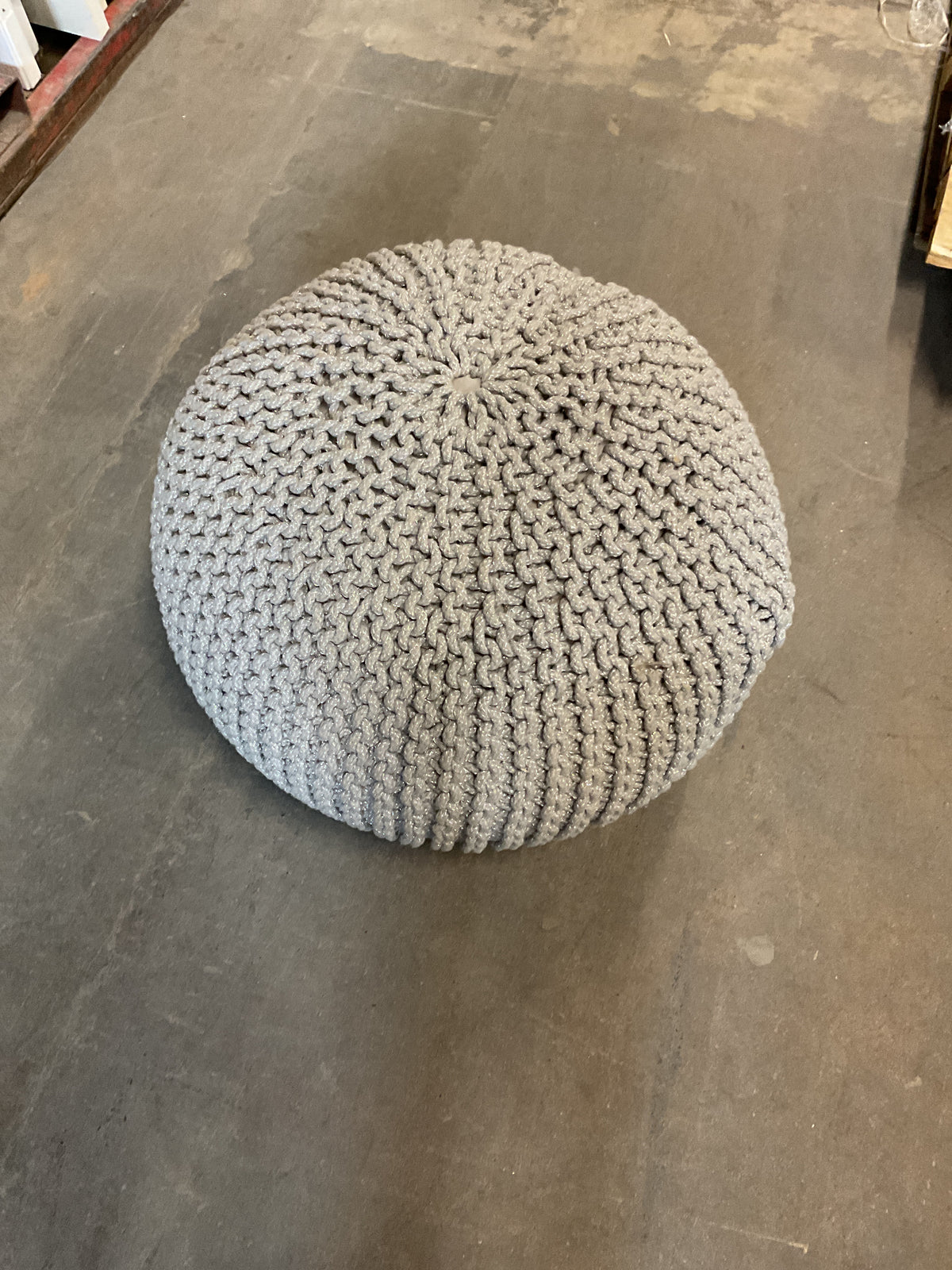Hand-Knitted Cotton Silver Pouf Ottoman
