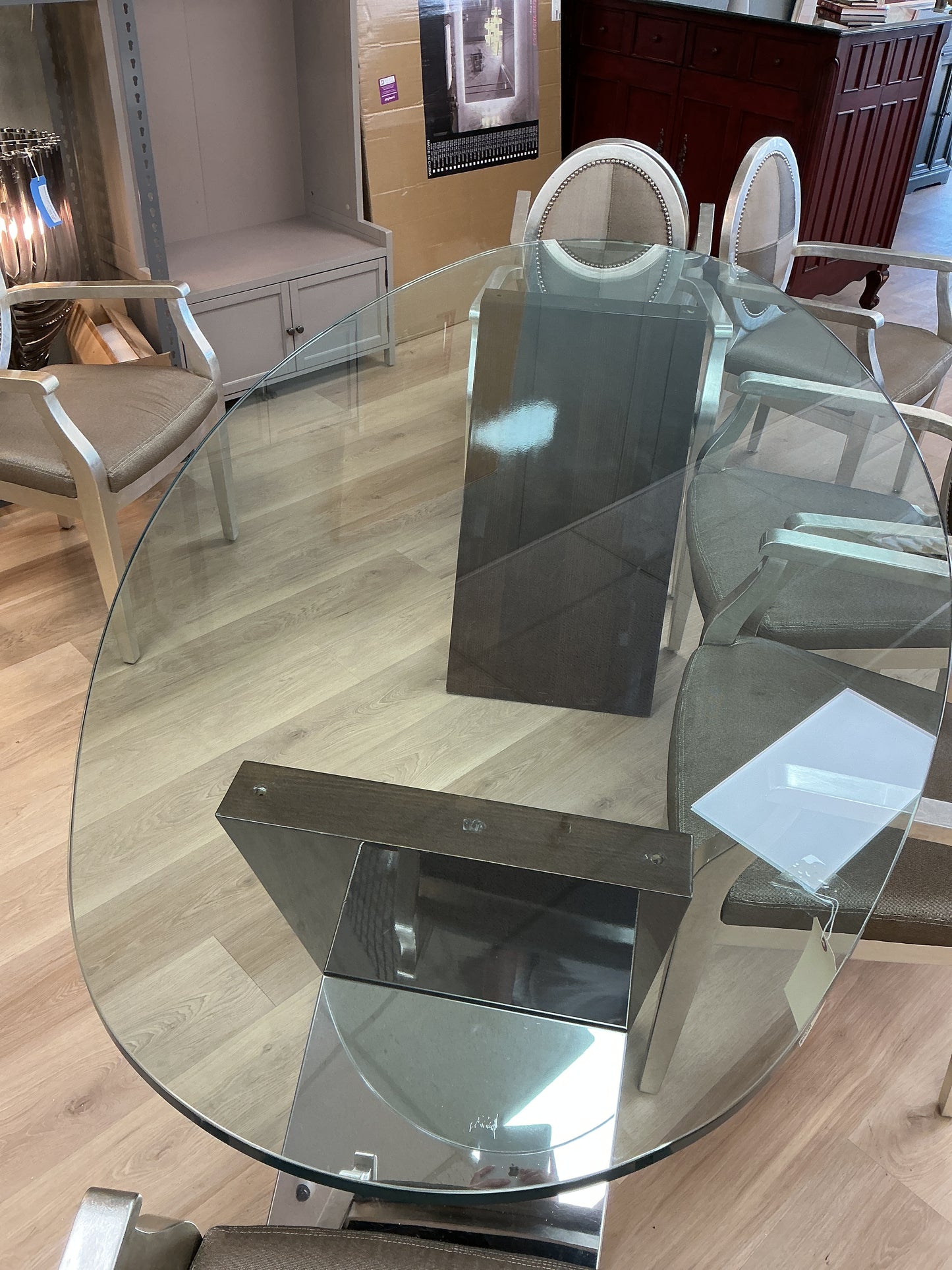 Modern Glass Dining Table w/Geometric Wood Base