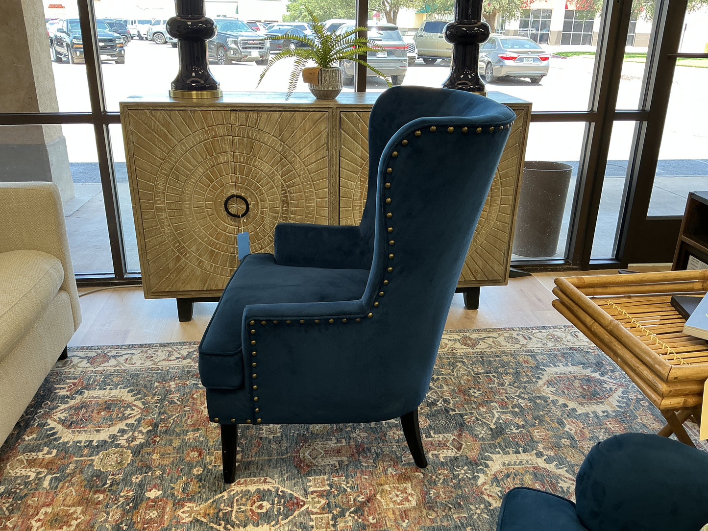Pier 1 Velvet Navy Blue Wing Back Chair
