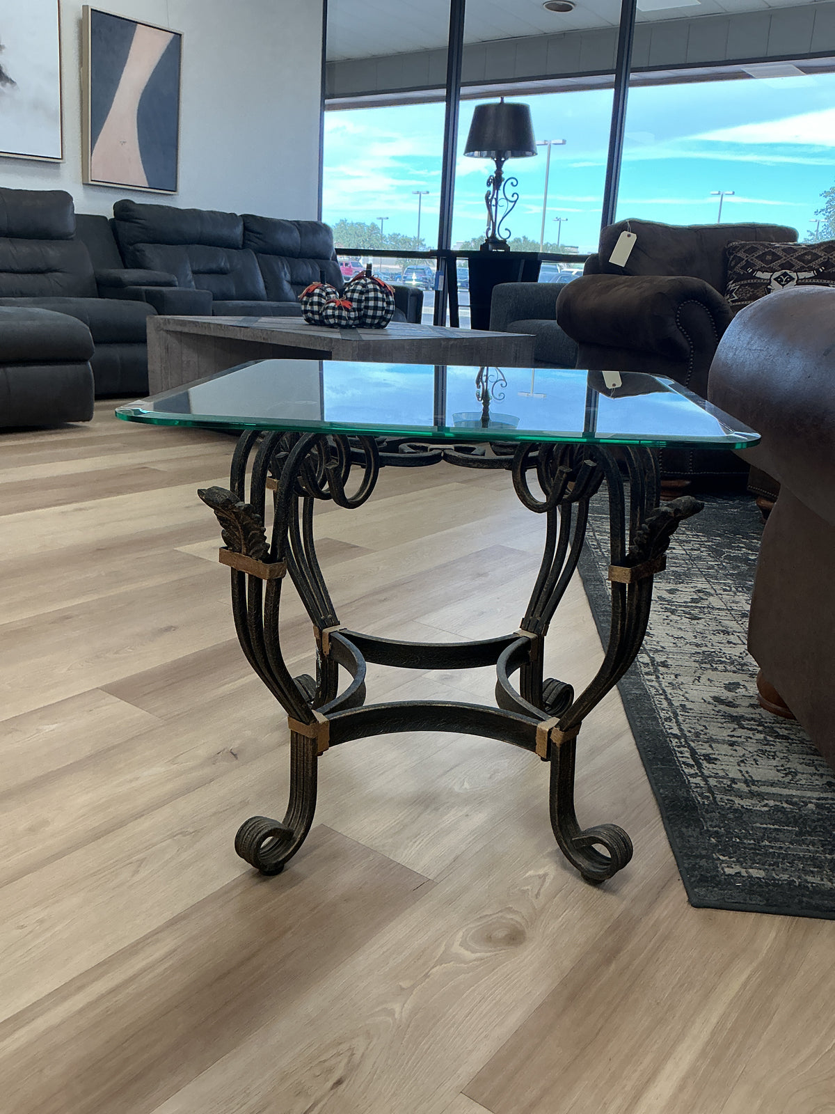 Bronze Wrought Iron End Table With Gold Brackets