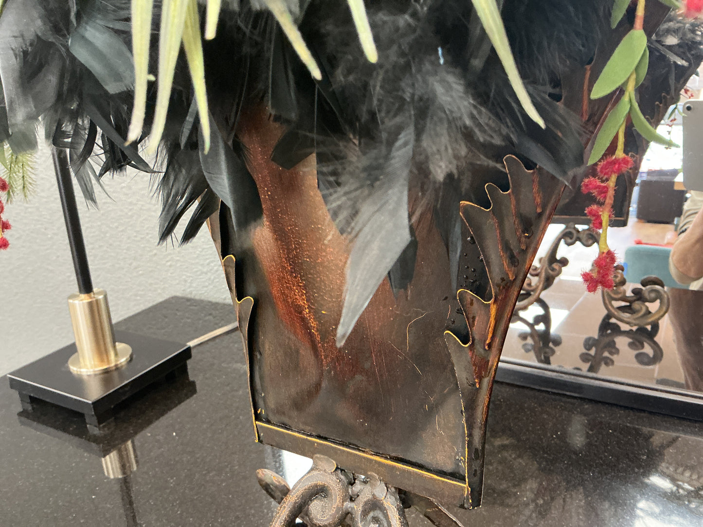 Faux Floral/Feather Arrangement w/Metal Vase