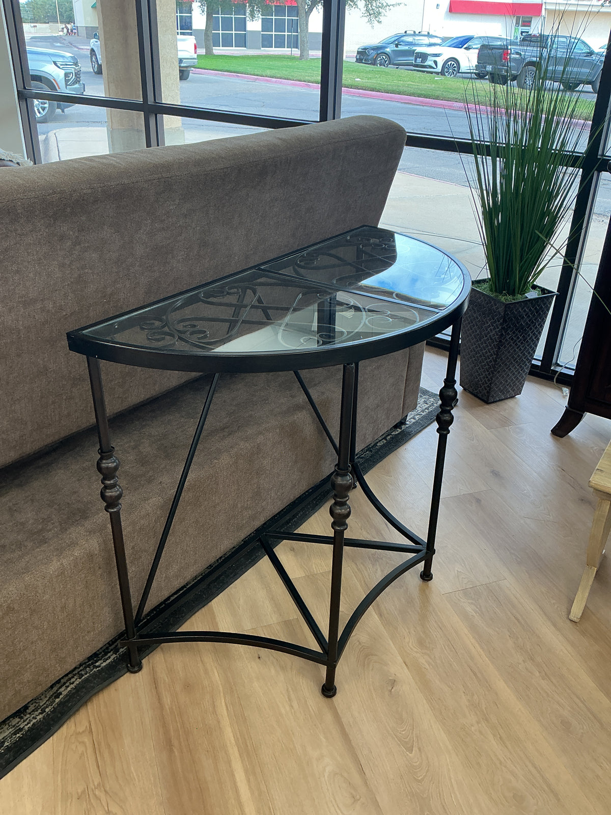 Wrought Iron and Glass Half-Moon Accent Table