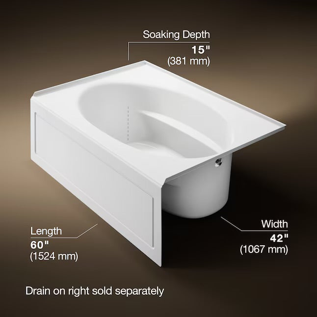 Kohler Windward 60” White Acrylic Alcove Soaking Bathtub
