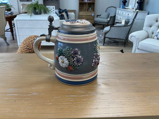 Gerz “Alpine  Flowers” Beer Stein w Pewter Lid