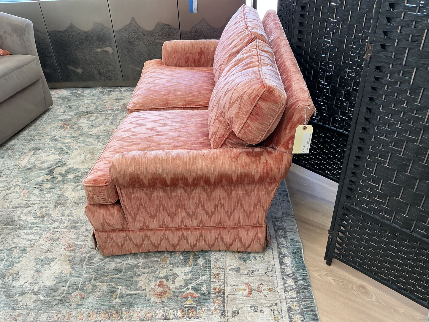 Vintage Velvet Salmon IKAT Patterned Loveseat