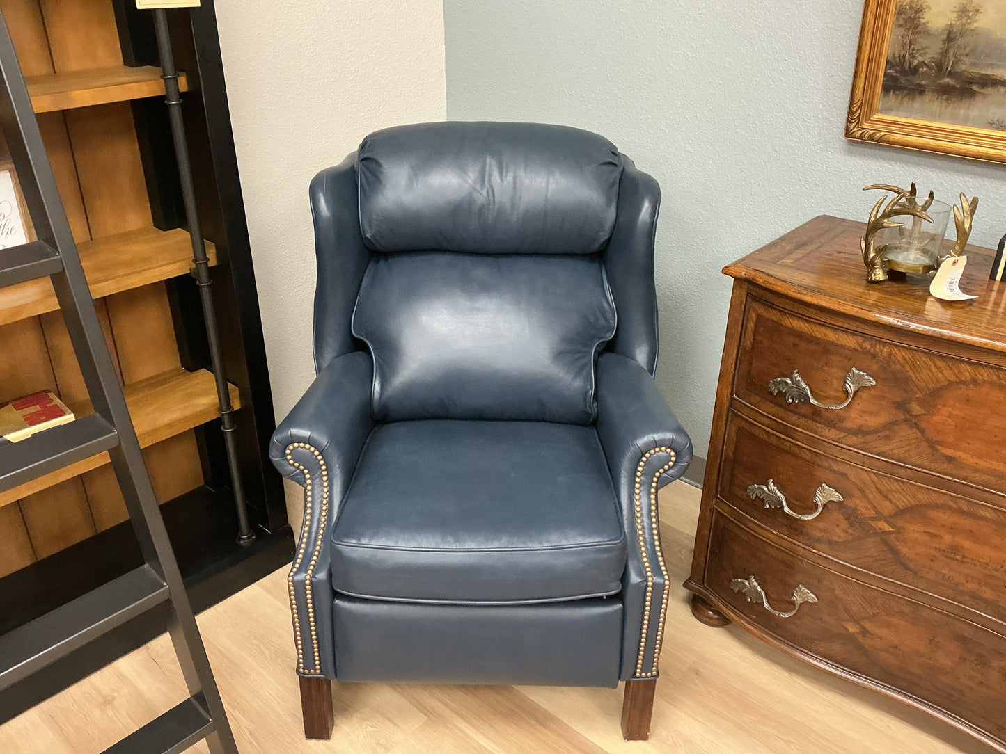 Bradington Young Chippendale Navy Leather Nailhead Recliner