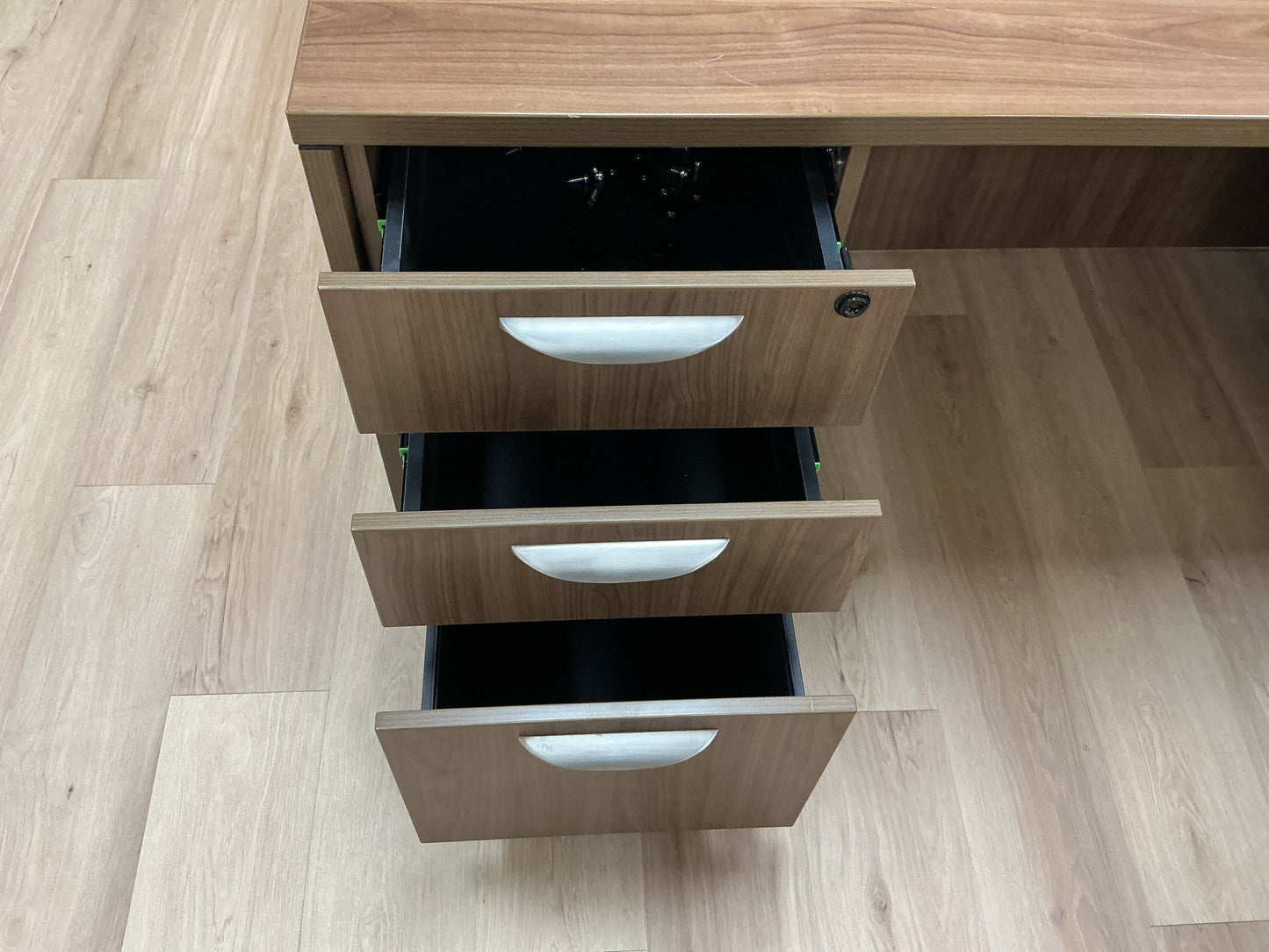 Walnut L Shaped Desk w Drawers, Lock & Key