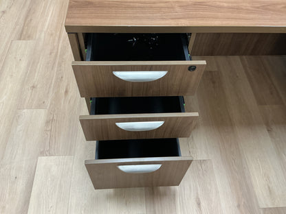 Walnut L Shaped Desk w Drawers, Lock & Key