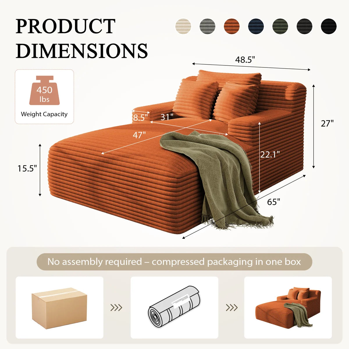 64” Corduroy Indoor Chaise Lounge Chair