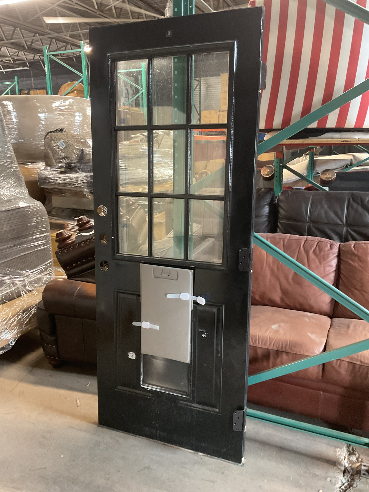 32’ x 80’ Black Exterior Door w 9-lite Glass Window and Pet Door