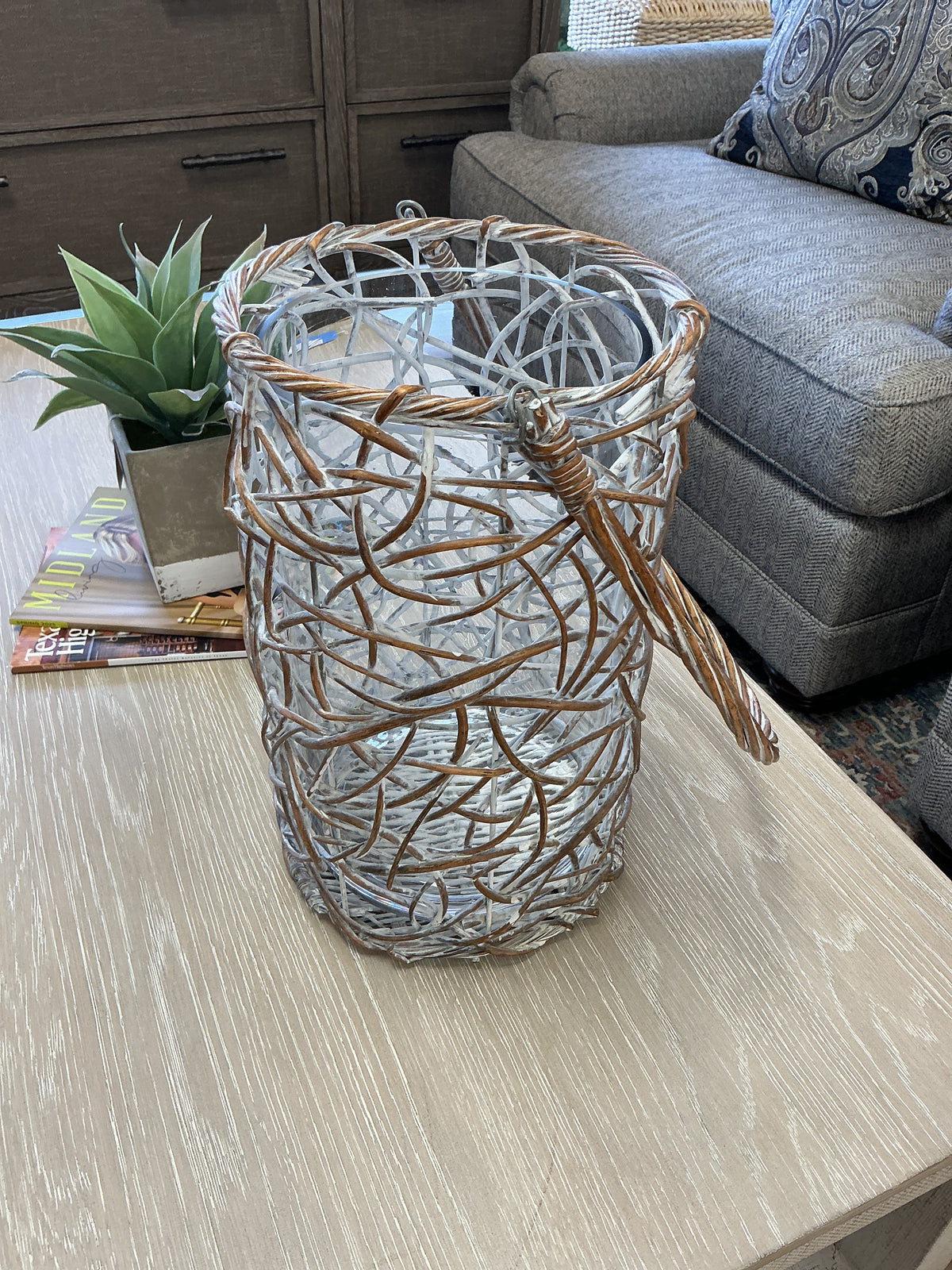 Handled Wicker Lantern With Glass Insert