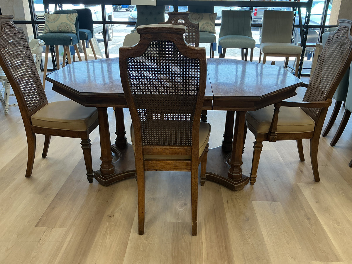 Wooden Table w/ Leaf & 4 Woven Cane Backrest Chairs
