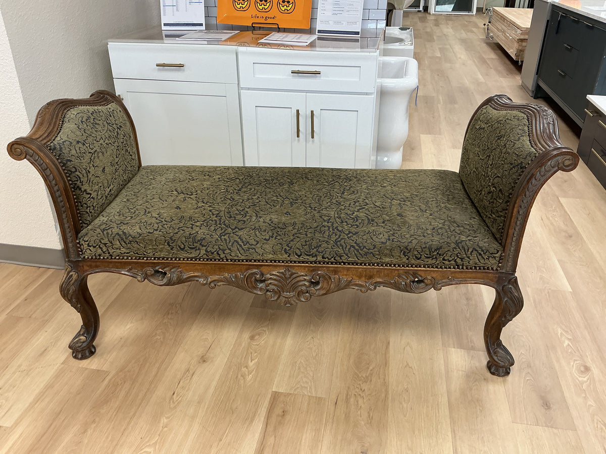 Vintage Carved Wood Upholstered Bench