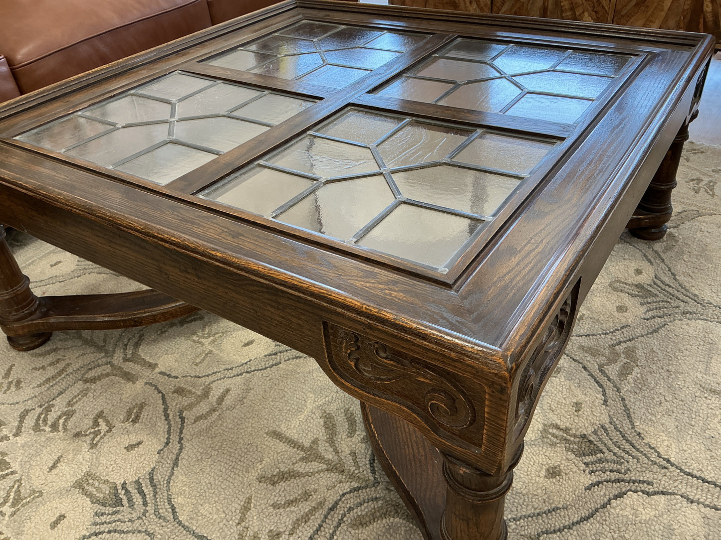 Wood Coffee Table w/Leaded Glass Panels