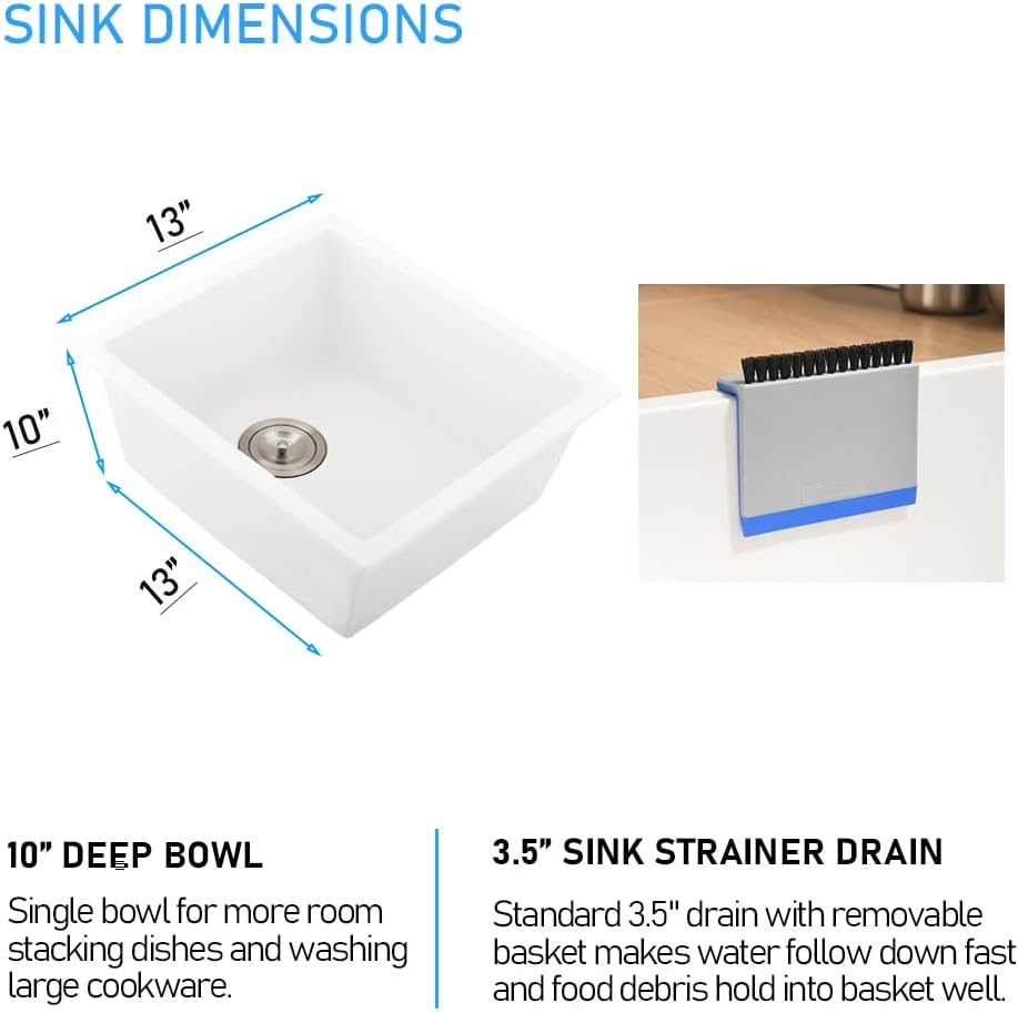 BOOMHOZE White Bar Sink Undermount, 13 x 13 Inch Granite Quartz