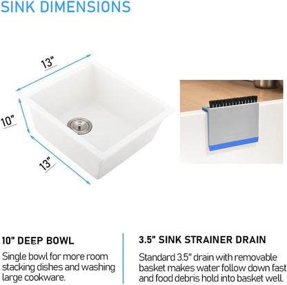 BOOMHOZE White Bar Sink Undermount, 13 x 13 Inch Granite Quartz