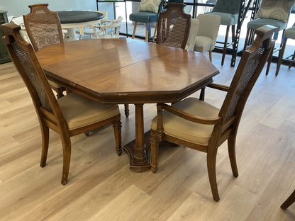 Wooden Table w/ Leaf & 4 Woven Cane Backrest Chairs