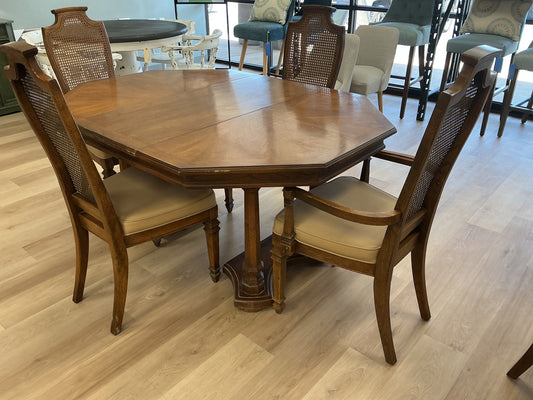 Wooden Table w/ Leaf & 4 Woven Cane Backrest Chairs