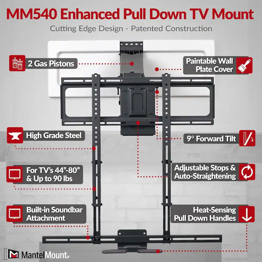 MantelMount - MM540 Pull Down TV Mount for 44”-80” TV’s to 90 lbs.