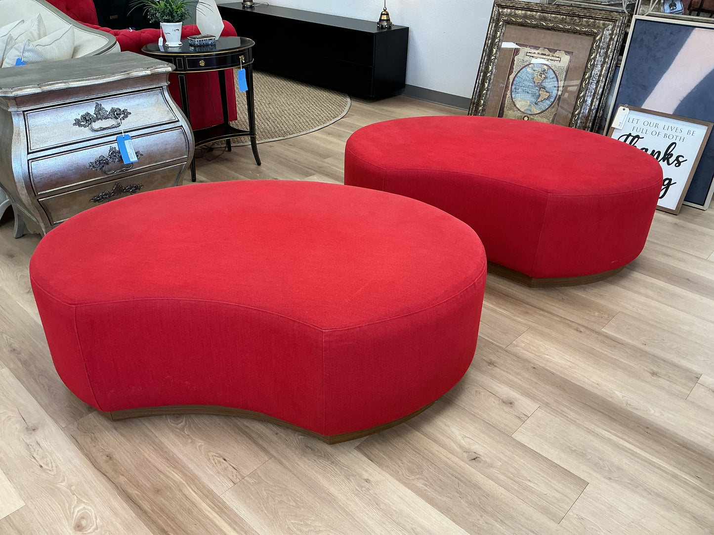 Kidney Shaped Upholstered Ottoman w/Wood Base