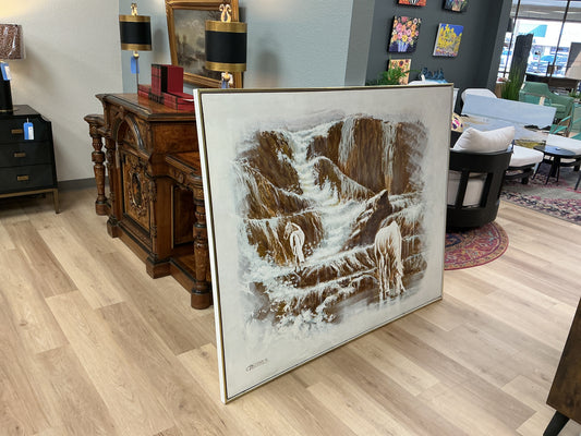 Large Mid-Century Horse/Waterfall Oil Painting