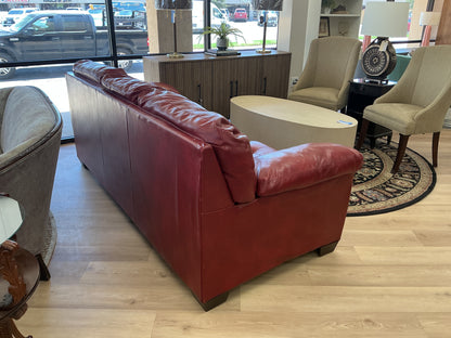 Red Leather Tufted Sofa w/ Pillowtop Armrest