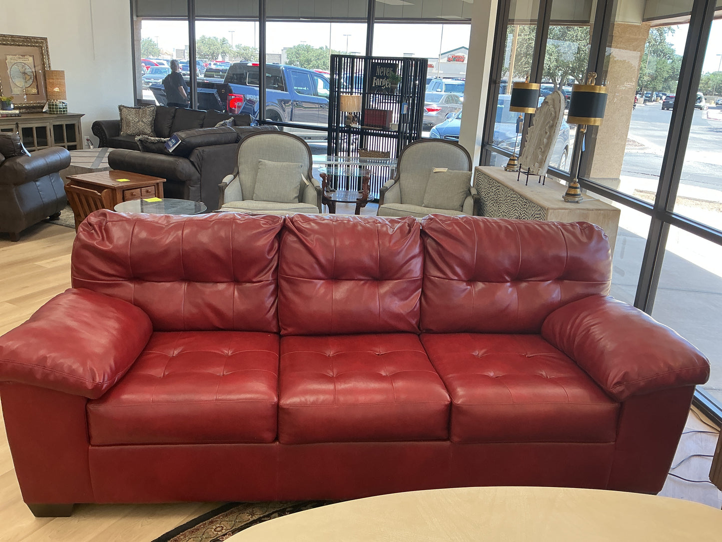 Red Leather Tufted Sofa w/ Pillowtop Armrest