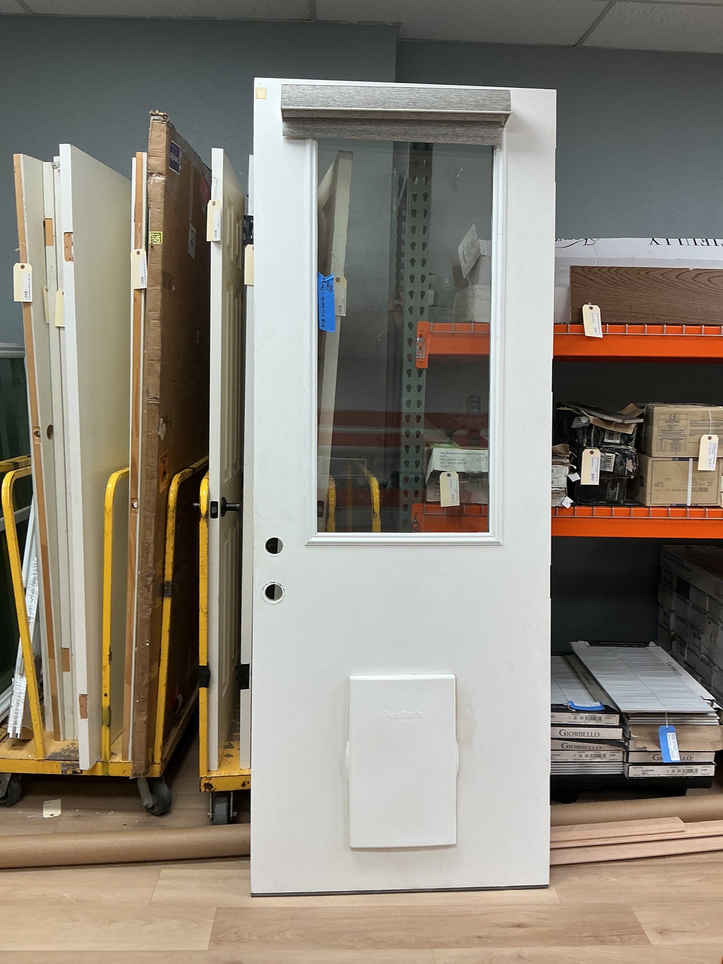 White Solid Wood 32’ x 96’ Door w/Window & Doggy Door