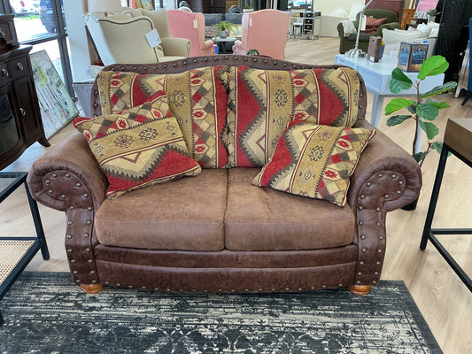 Rustic Southwestern Faux Leather & Upholstered Loveseat
