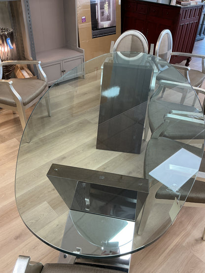 Modern Glass Dining Table w/Geometric Wood Base