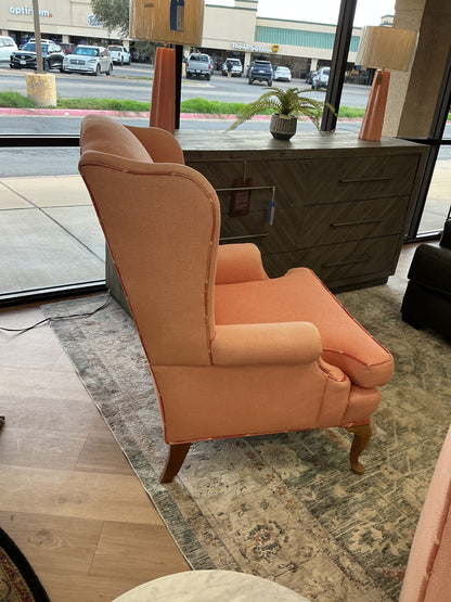 Pink Upholstered Wingback Armchair With Wooden legs