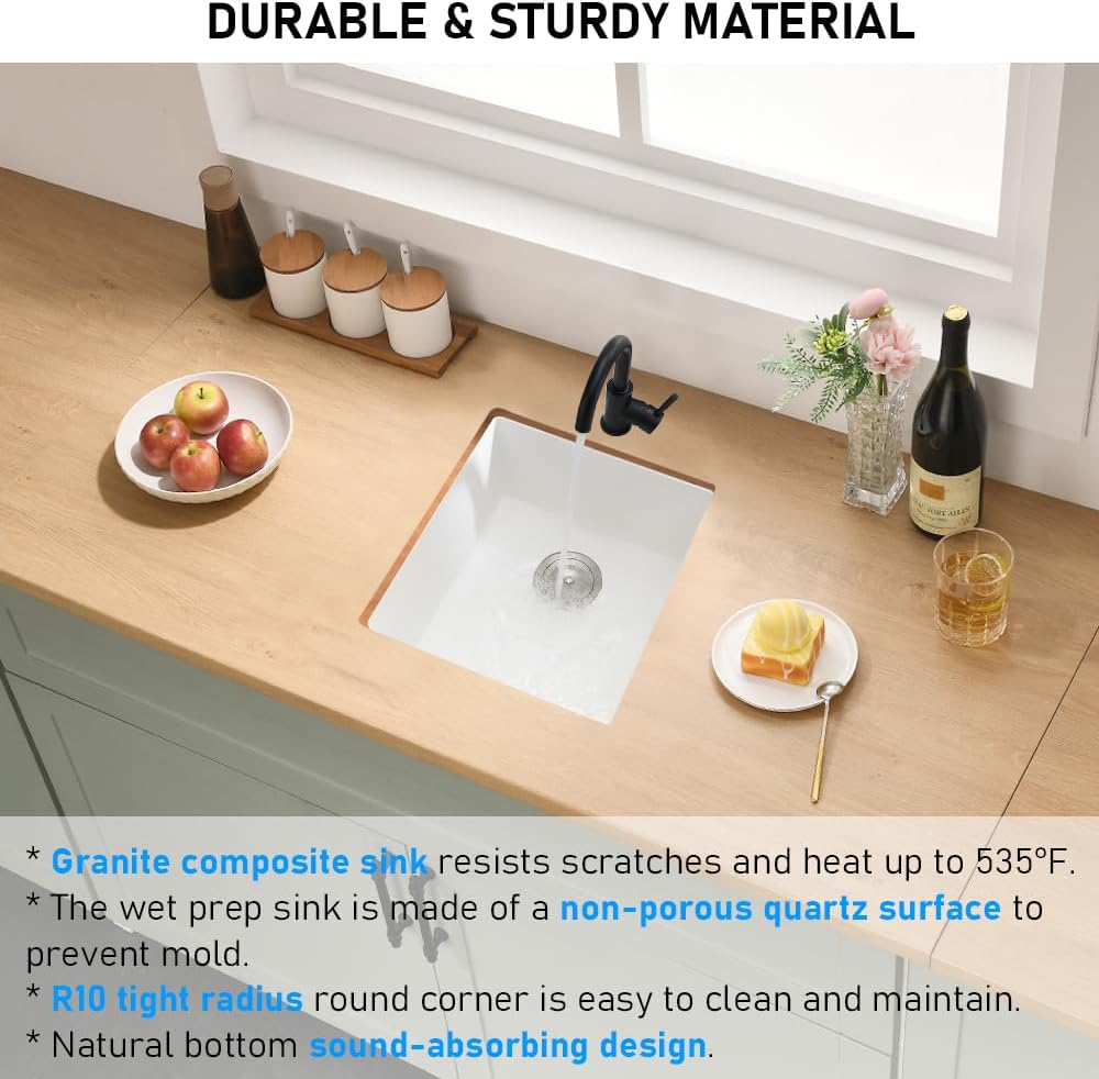 BOOMHOZE White Bar Sink Undermount, 13 x 13 Inch Granite Quartz