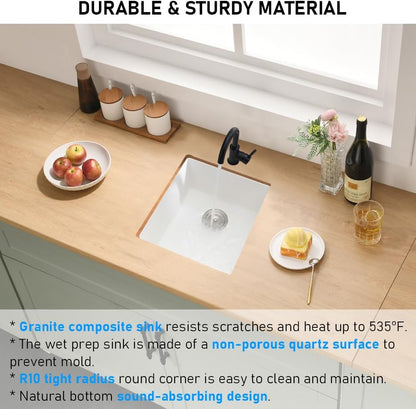 BOOMHOZE White Bar Sink Undermount, 13 x 13 Inch Granite Quartz