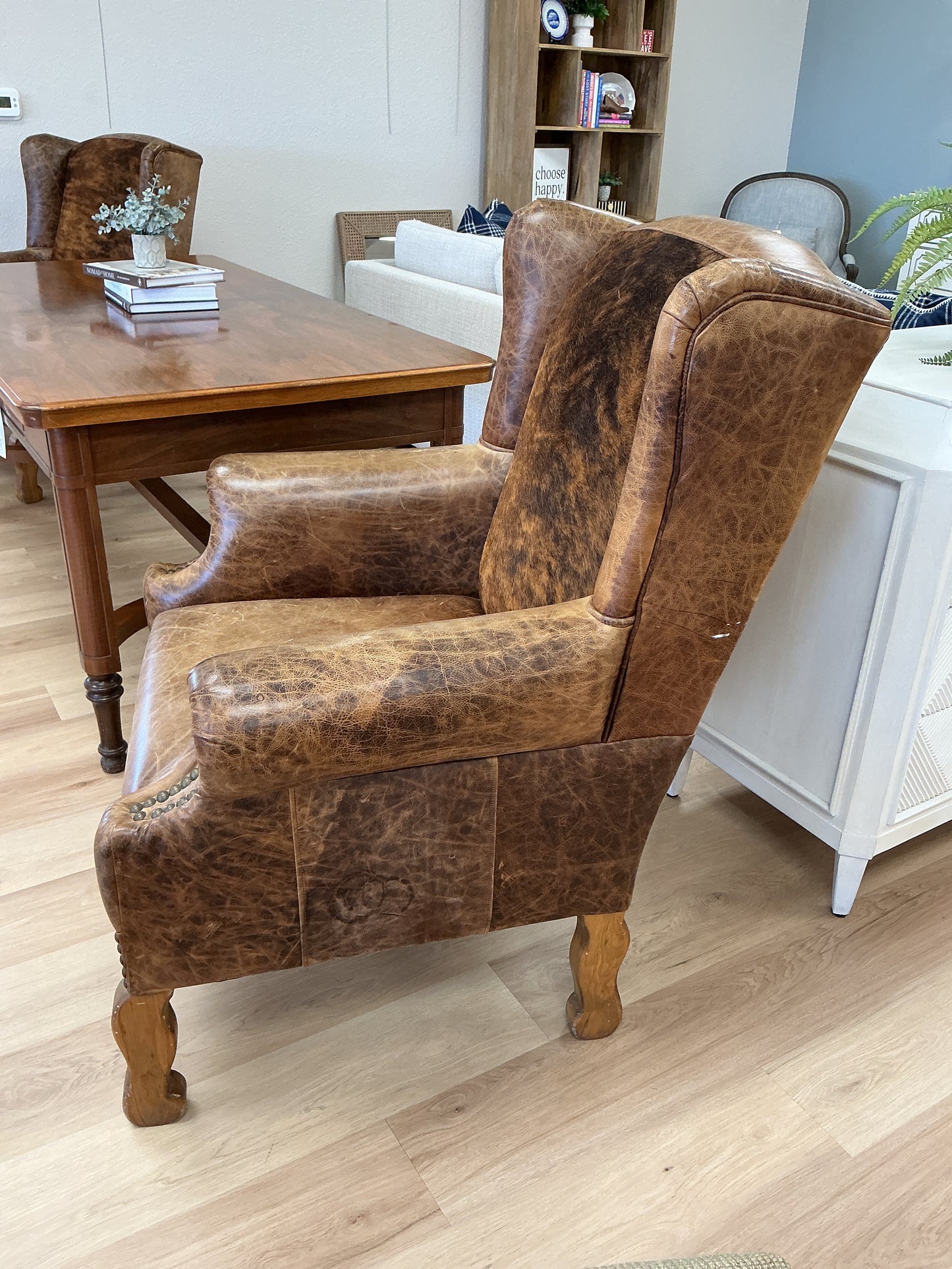 Leather Wingback Armchair w/Cowhide Back
