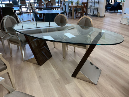 Modern Glass Dining Table w/Geometric Wood Base