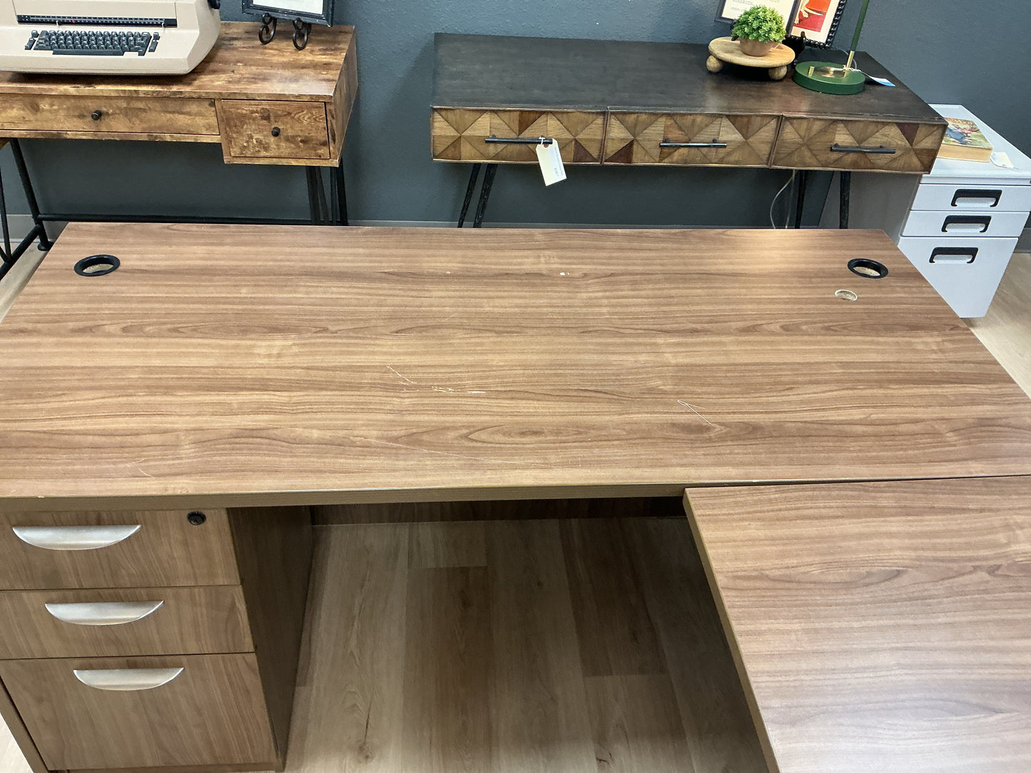 Walnut L Shaped Desk w Drawers, Lock & Key