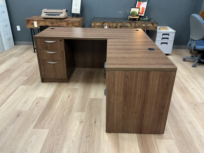 Walnut L Shaped Desk w Drawers, Lock & Key