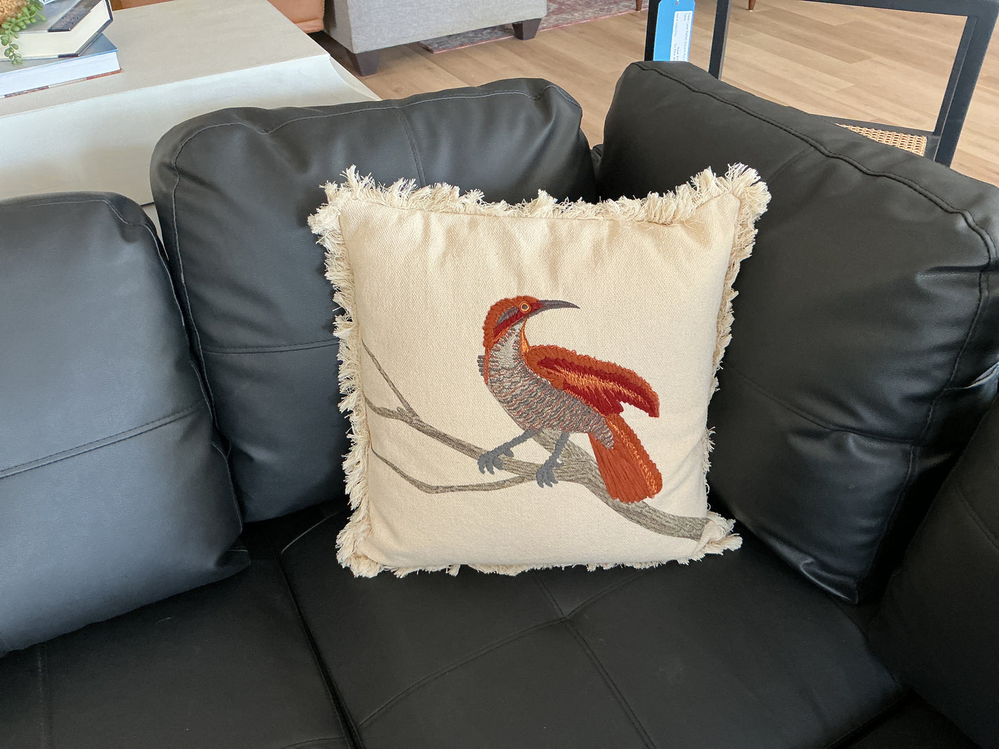 Linen Fringe Pillow w/Embroidered Bird