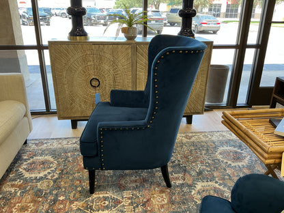 Pier 1 Velvet Navy Blue Wing Back Chair
