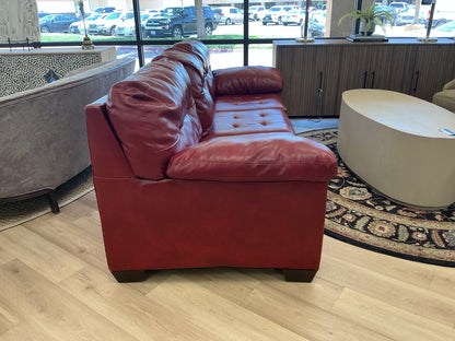 Red Leather Tufted Sofa w/ Pillowtop Armrest