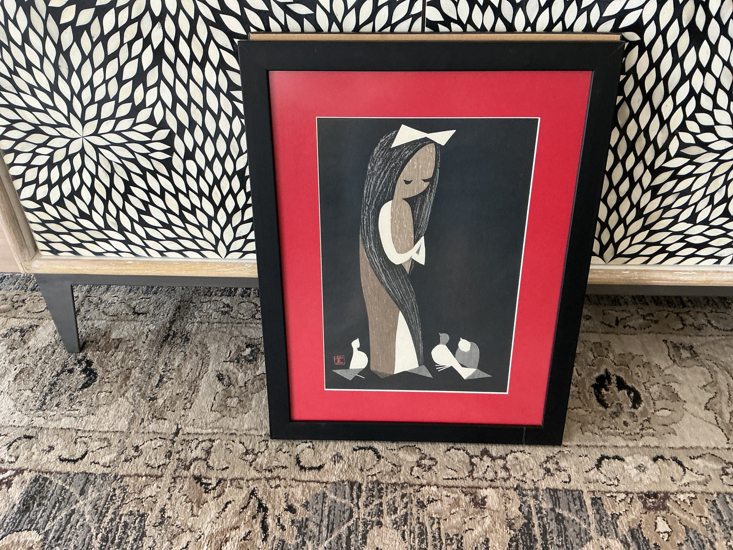 Framed Vintage “Doves & Girl” by Kaoru Kawano