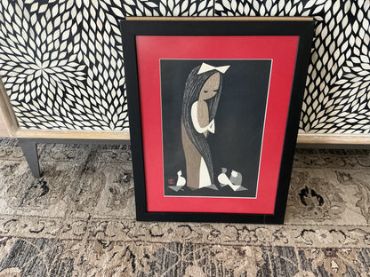Framed Vintage “Doves & Girl” by Kaoru Kawano