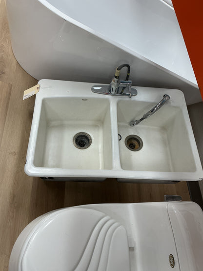 White Ceramic Double-Equal Bowl w/Faucet