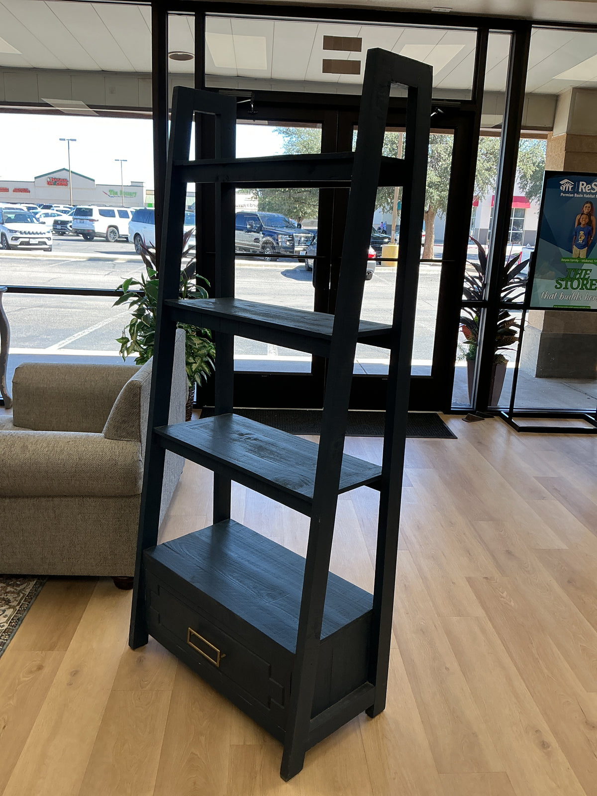 Navy Blue 4 Tier Etagere Bookcase W/Drawer