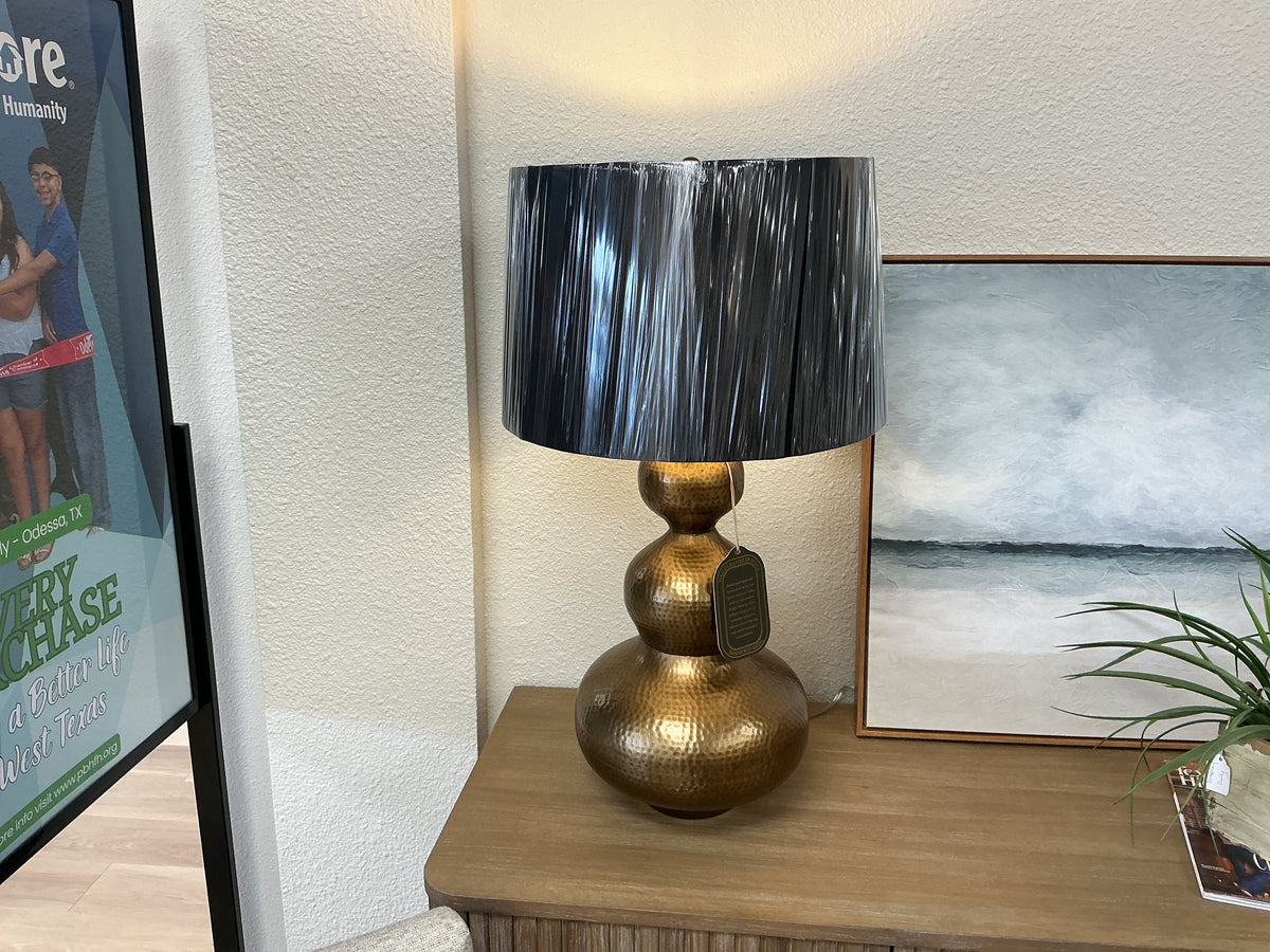 Hammered Brass Gourd Lamp w/Pleated Shade