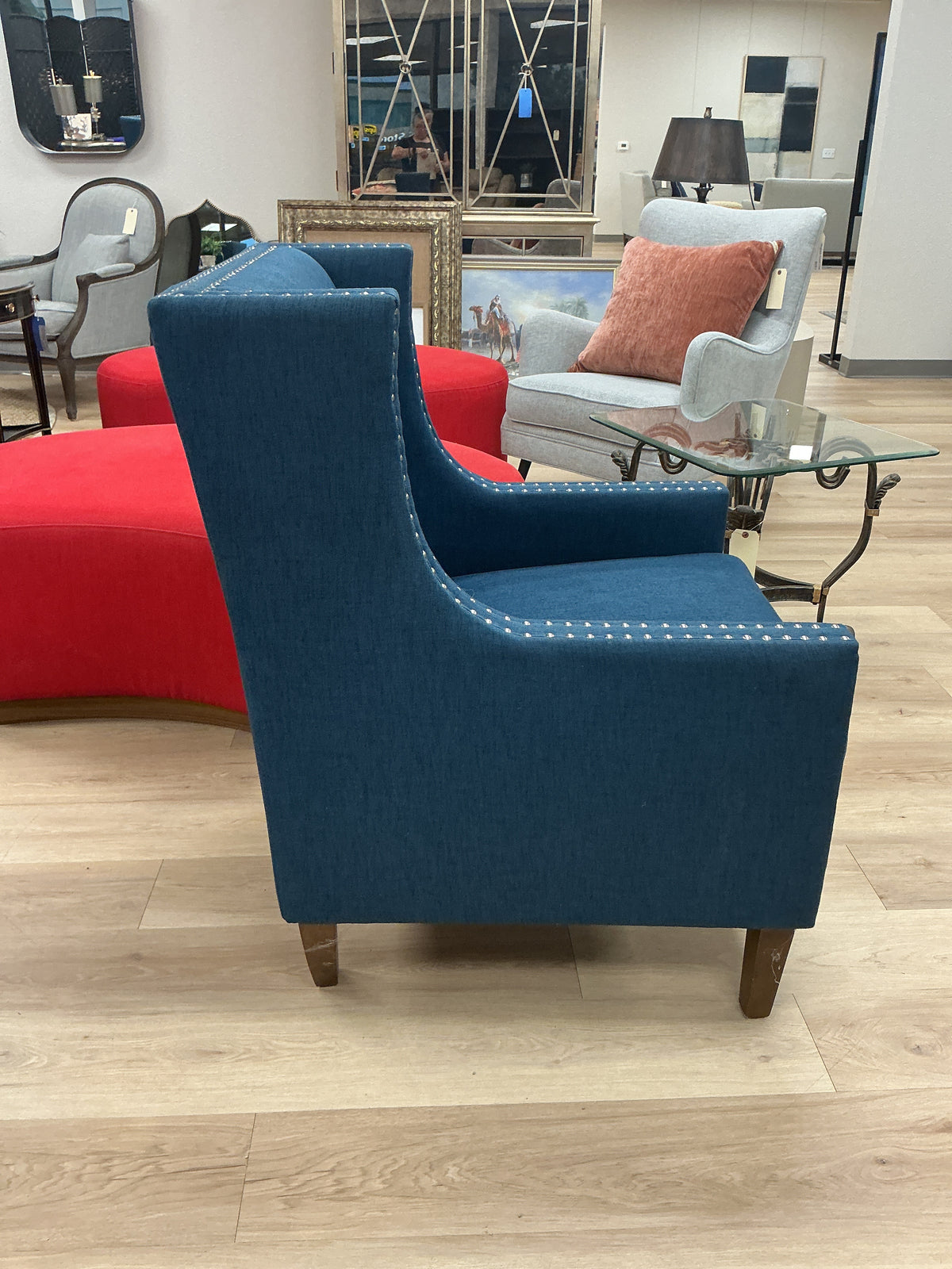 Blue Studded Wingback Accent Chair