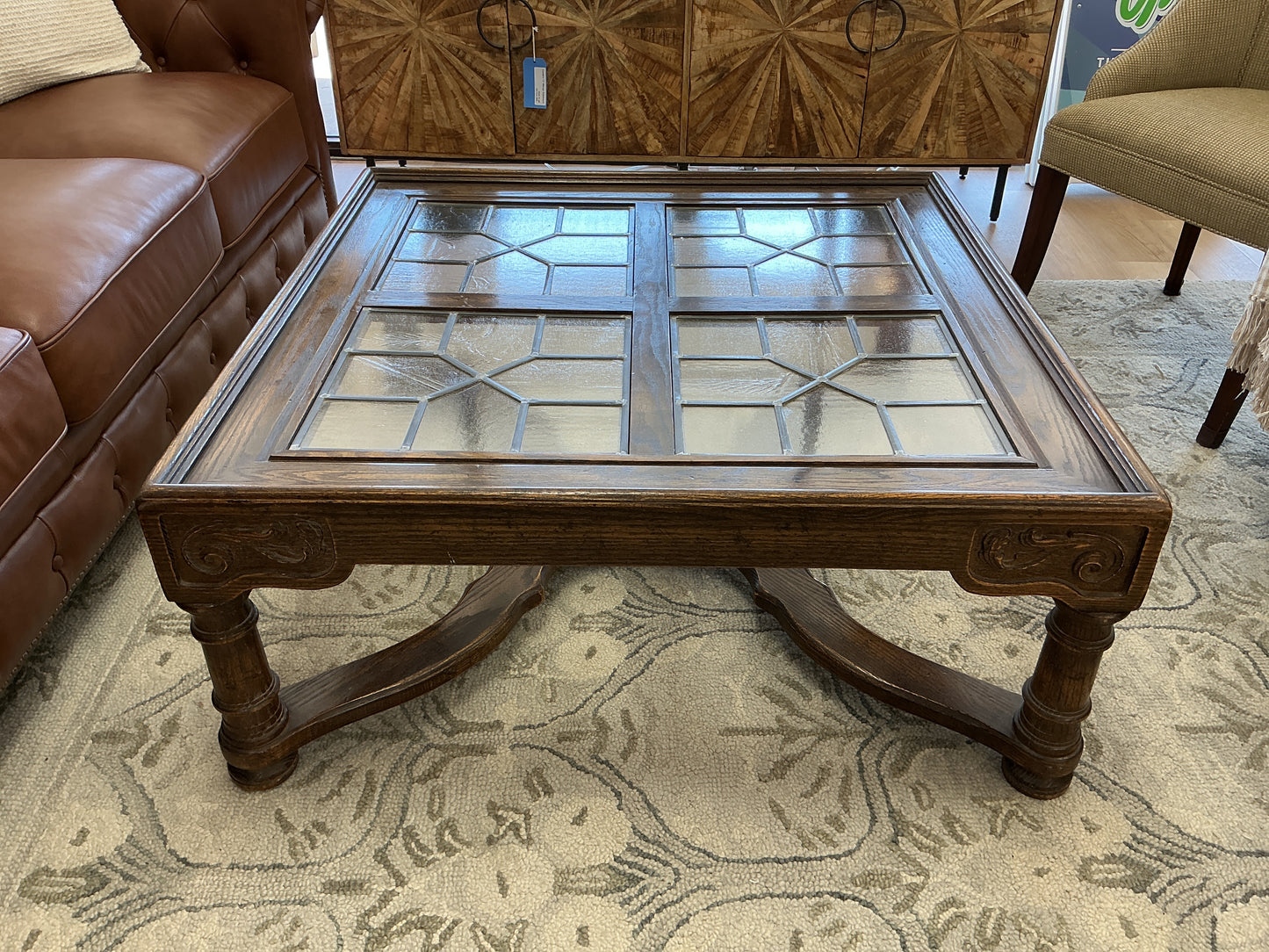 Wood Coffee Table w/Leaded Glass Panels