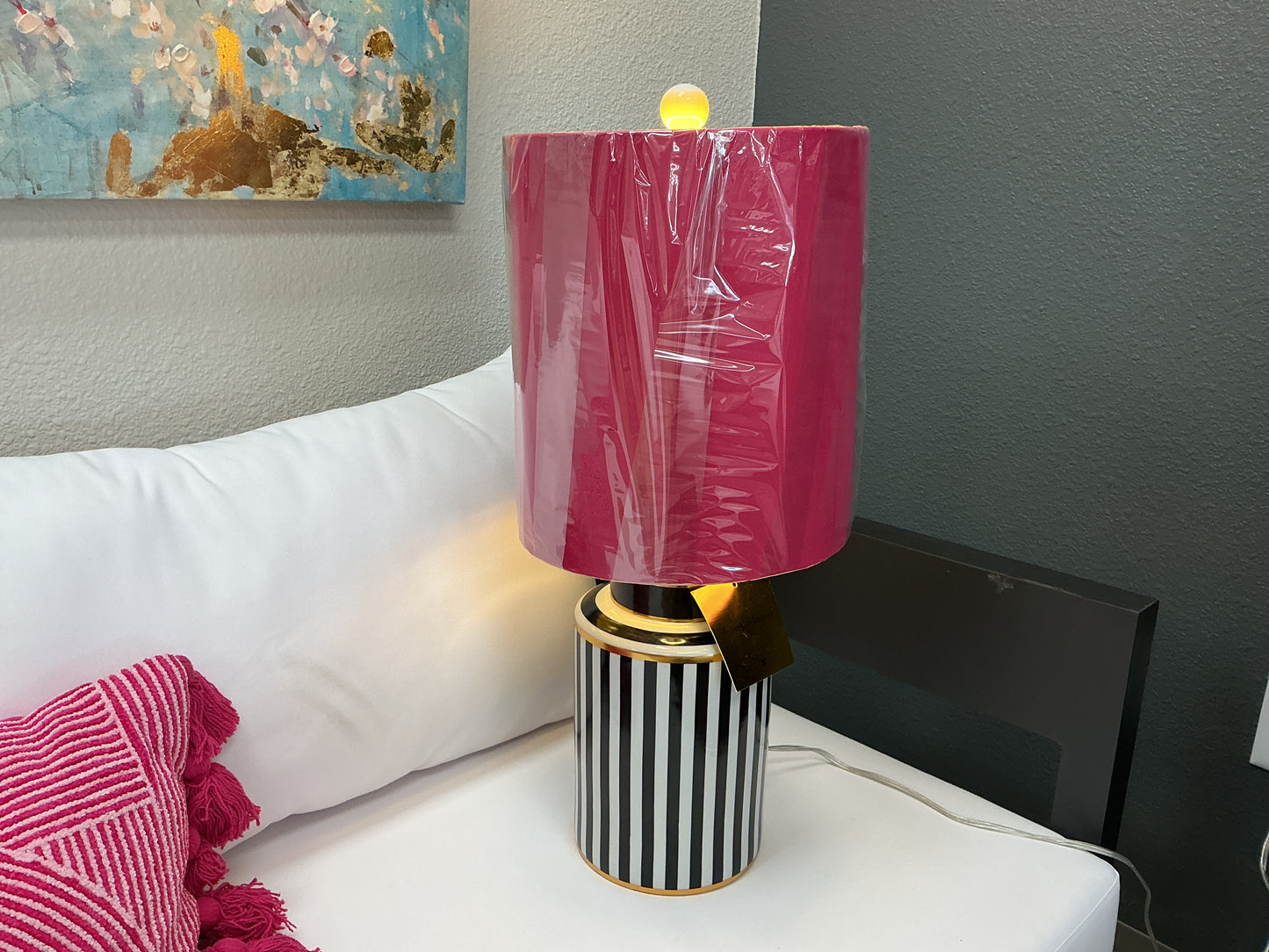 Christian Lacroix Black & White Ceramic Lamp w/ Cerise Shade