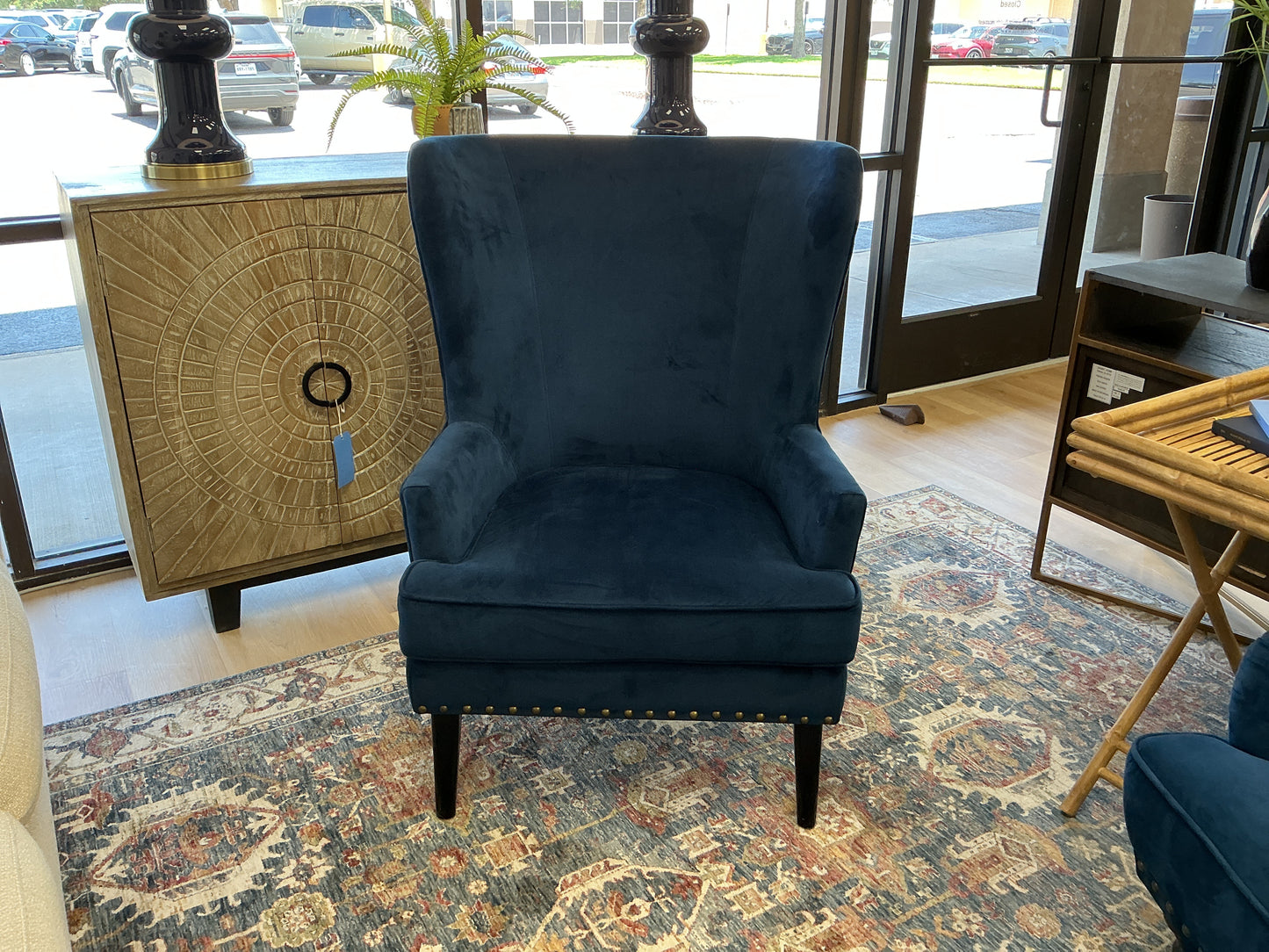 Pier 1 Velvet Navy Blue Wing Back Chair