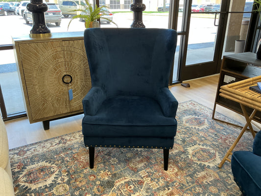 Pier 1 Velvet Navy Blue Wing Back Chair